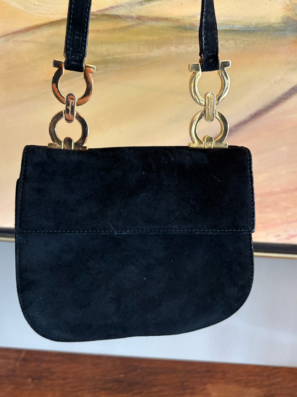 Salvatore Ferragamo Gancini Black Suede Shoulder Bag Vintage 1990s Y2K